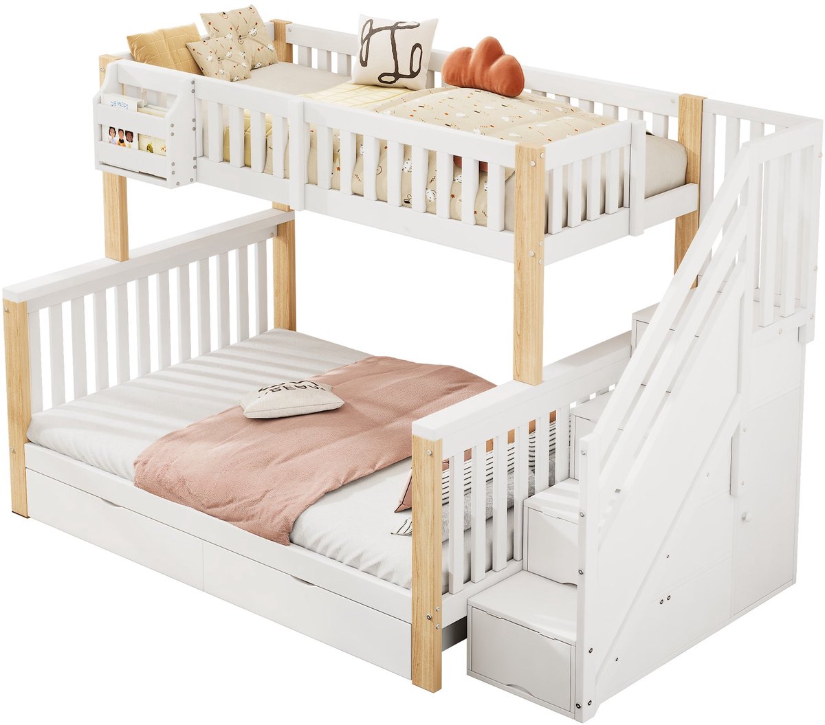 Merax Kinderstapelbed 140x200 Multifunctioneel Met Opbergruimte Wit/Naturel – Etagenbed Voor Twee Kinderen