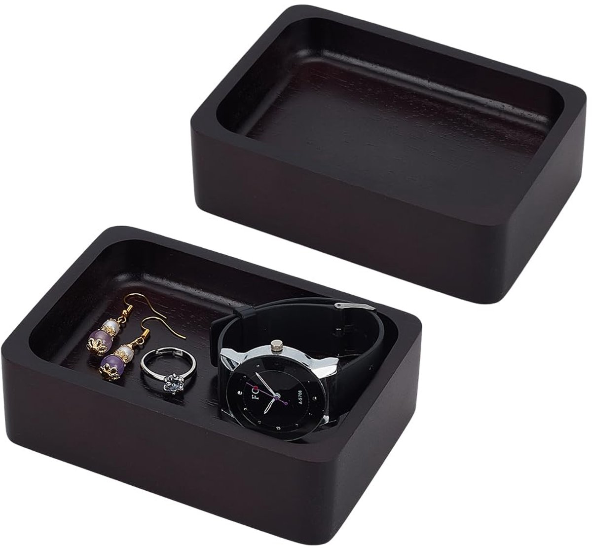 2Pcs Houten Ring Houder Voor Sieraden Houten Ring Schotel Tray Zwarte Engagement Ring Display Lade Rechthoek Bruiloft Ring Houder Voor Verjaardag Kleine Trinket Schotel Voor