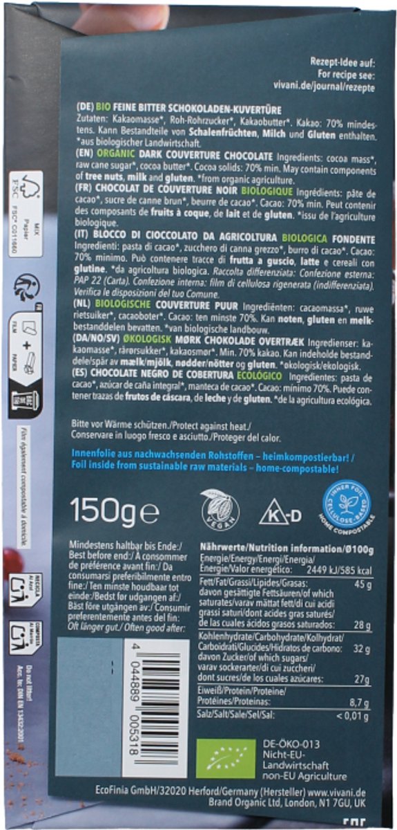 Vivani Dark cooking chocolate bio 150 Gram
