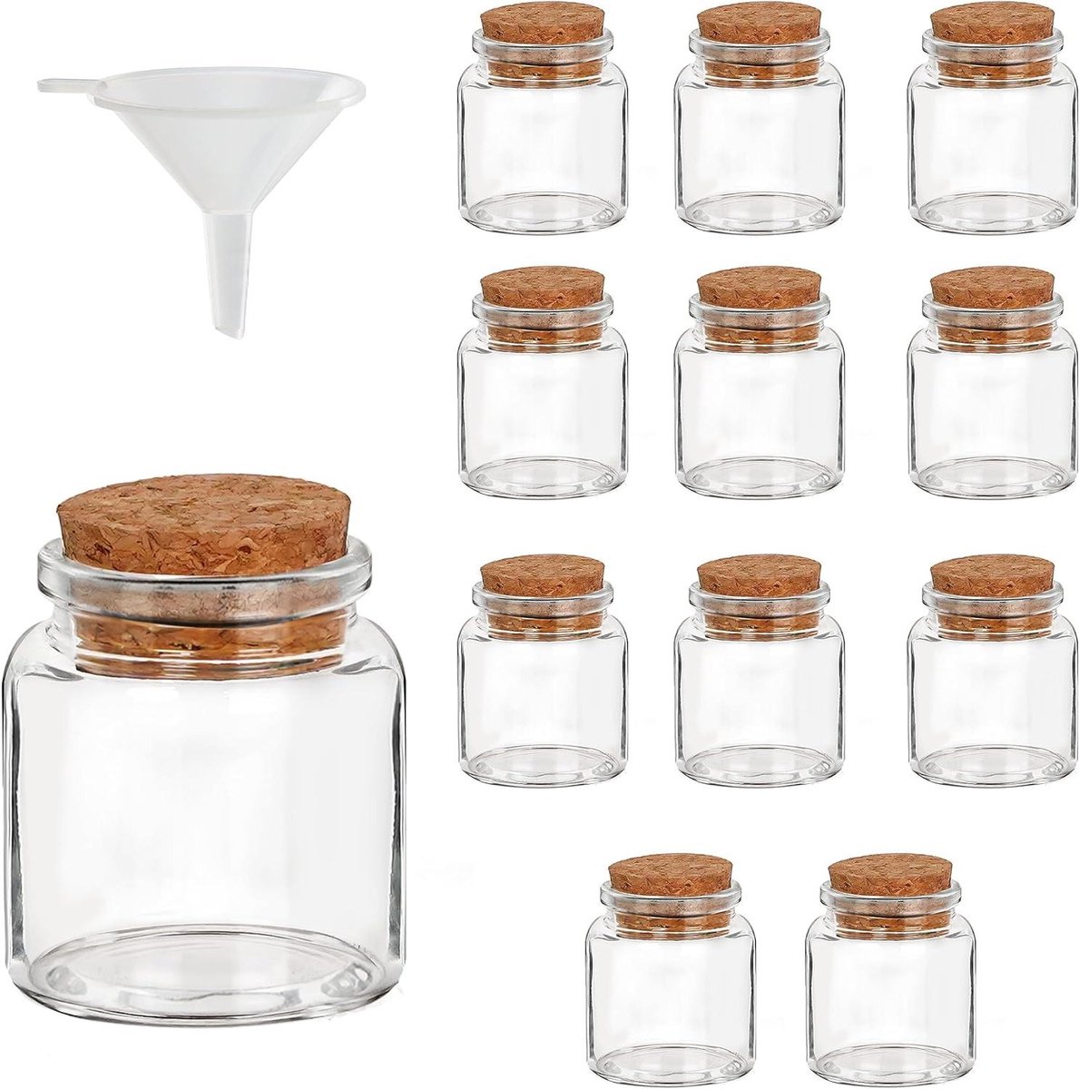 Orivio - Glazen Flesjes met Kurken Doppen en Trechter, Set van 12 - 45-50 ml - Mini Opslagflesjes voor Bruiloft, Feest, Keuken - Specerijen en Jams