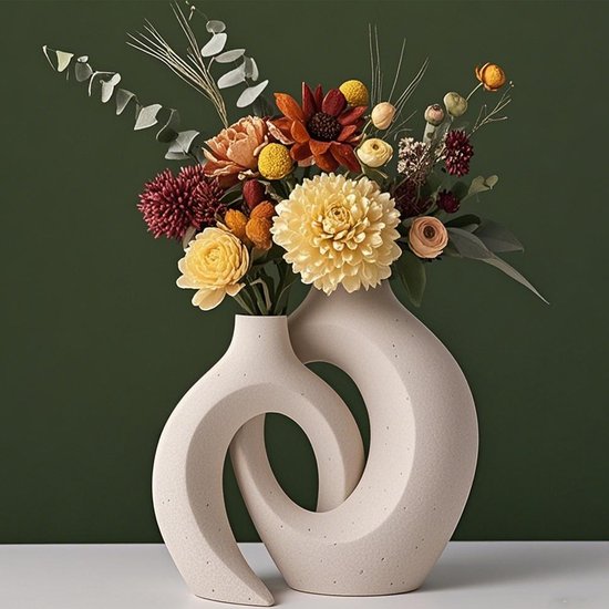 Vase en céramique CHIWIN - Set de 2 - Vases en céramique mate - Avec trous - Design moderne - Céramique Handgemaakt - Home Boho - Beige