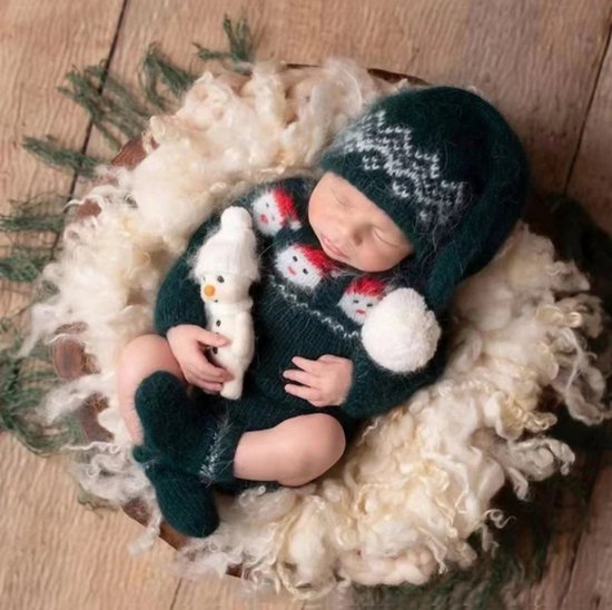 Kerst Baby Kleding Set 3 Stuks voor 0-2 Maanden - Groen Santa Claus Kostuum met Gebreide Romper, Kousen en Hoed voor Jongen en Meisje - Perfect voor Kerstfotografie, Baby First Christmas, Baby Outfit, Feestkleding van Kimme Design. — afbeelding 5