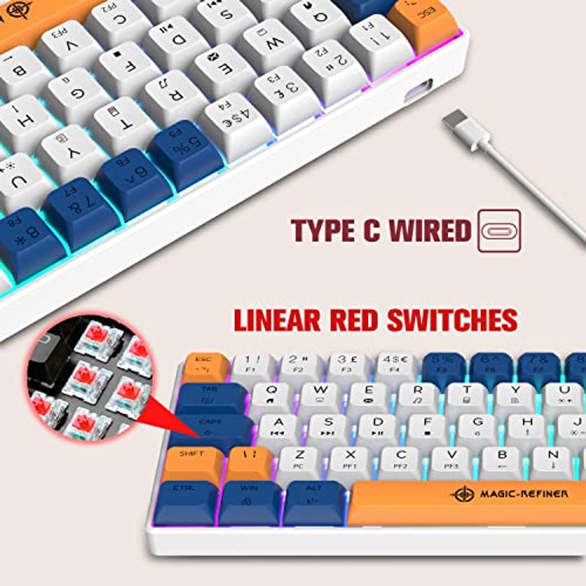 60% Mechanisch Gaming Toetsenbord Type C met RGB Verlichting en Waterdichte PBT Keycaps