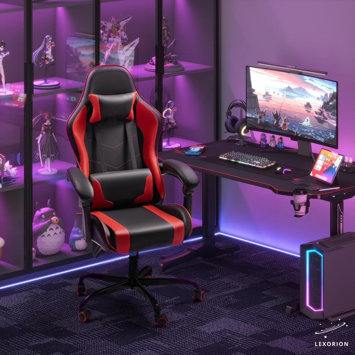 Lexorion Gaming Stoel – Ergonomische Gaming Chair – Inclusief Gratis RGB Gamingmuis Cadeau – Verstelbaar – Lederen Gamestoel – 136 kg – Rood– Bureaustoel – foto 6