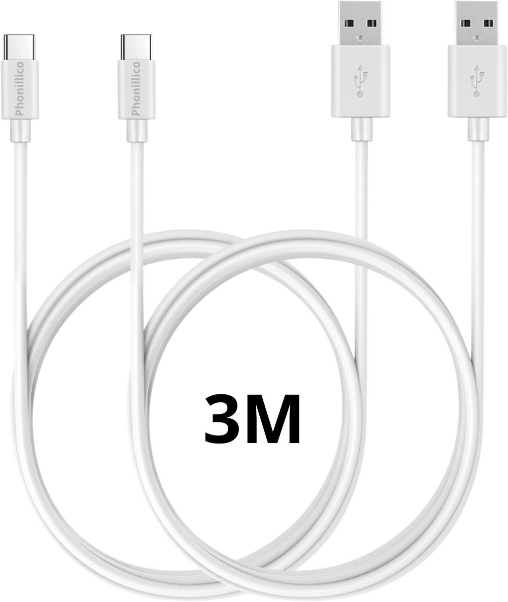 Image of 2x USB C naar USB A Kabel Wit - 3 meter - Oplaadkabel voor Xiaomi REDMI A5 4G / REDMI A3 / REDMI 15C 4G / REDMI 15 / REDMI 14C / REDMI 13C / REDMI 13 / REDMI 12C / REDMI 12 / REDMI 11A