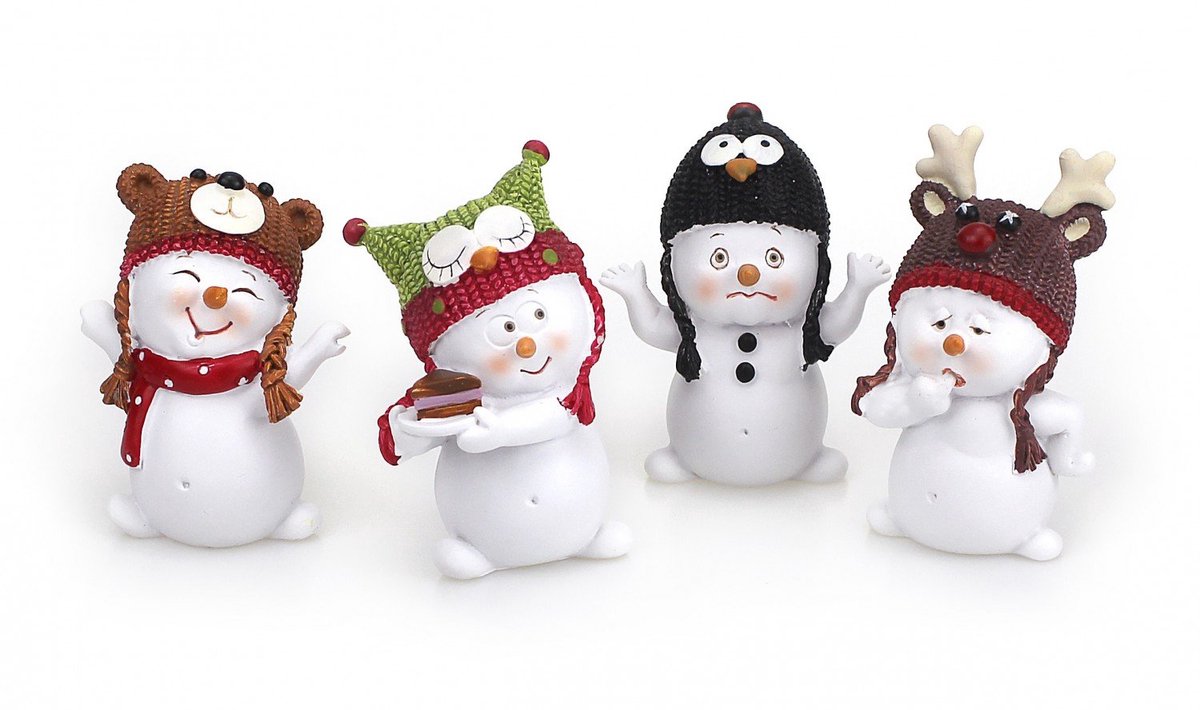 Azomor® Set van vier sneeuwpop figuren met kleurrijke mutsen voor winterdecoratie