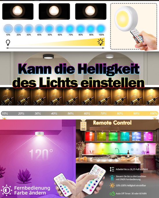 ibettertec - 6 stuks LED kast wand nacht lamp - verlichting - 16 kleuren inclusief afstandbieding - nachtlampje - woonkamer slaapkamer - Trapverlichting draadloos - op batterijen van Merkloos — afbeelding 3