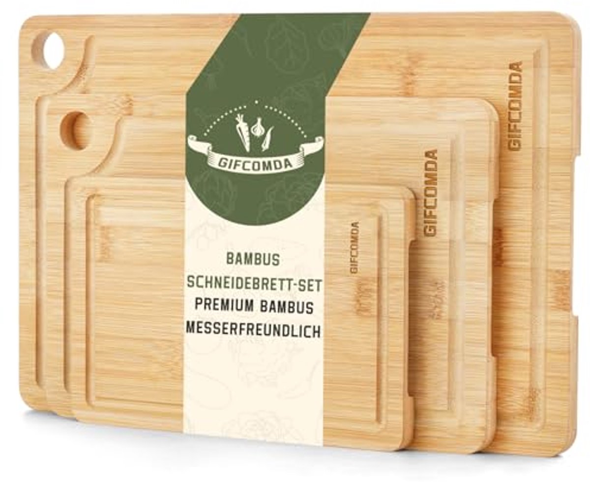 Bamboe Snijplanken Set van 3 met Sapgleuf en Handvat