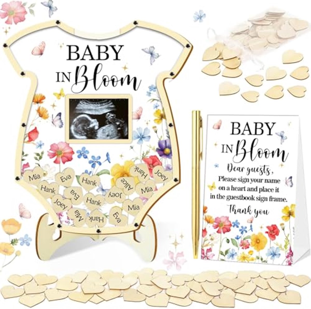 Image of 65 Stuks Babyshower Decoraties - Alternatief Gastenboek met Pen, Fotolijst, en Houten Plakjes Hart