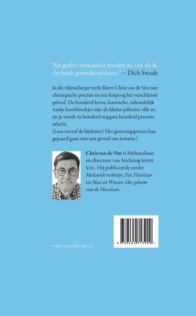 Boekrug met tekst "Als goden bestonden zouden ze, net als ik, dit boek grinnikend lezen." - Dick Swaab. Chris van de Ven met bril.