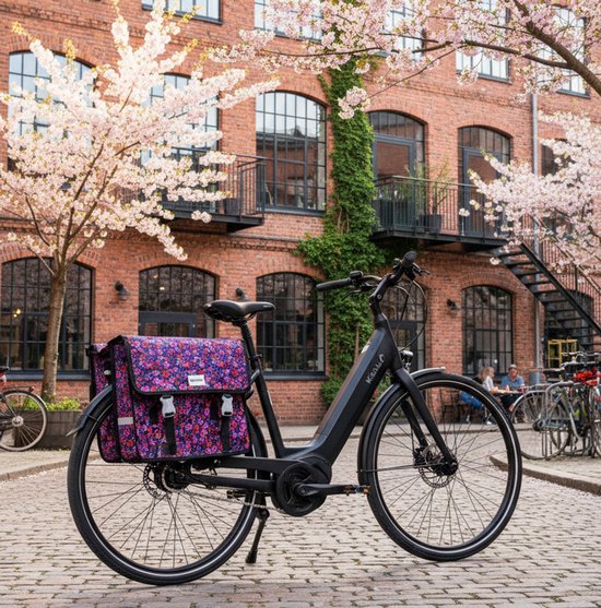 Traveler Dubbele zwarte fietstas bloemen roze paars rood van FastRider — afbeelding 4
