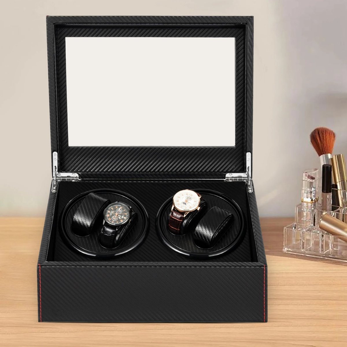 Horloge Vitrine - Horloge Box - Roterende Vitrine - Watch Winder - Voor 4 plus 6 Horloges - LED verlichting - Zwart en Grijs