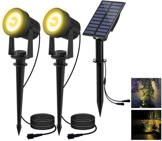T-SUN 2 W solar keys, IP65 waterproof, cable length, 270° angle, adjustable, automatic on/off, with 2 warm white double spot headlights, garden light, landscape lamp for tree, patio, garden, garden