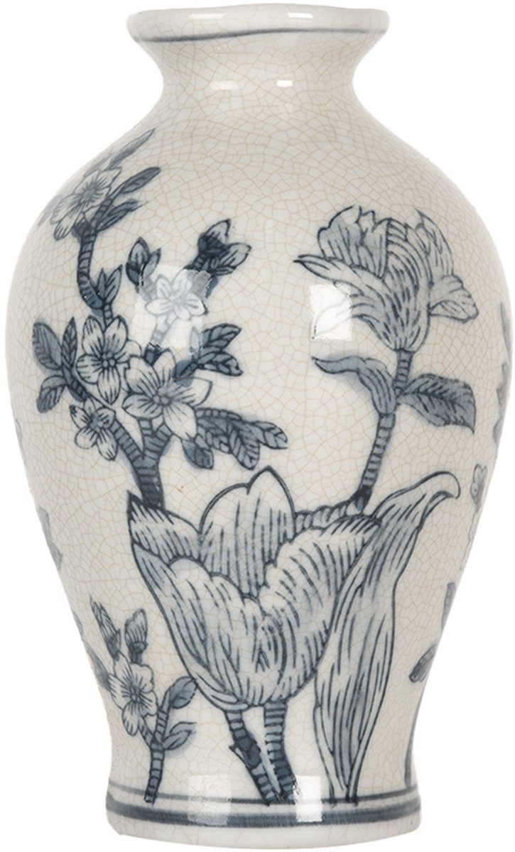 Vaas Ø 9x15 cm Wit Blauw Keramiek Bloemen