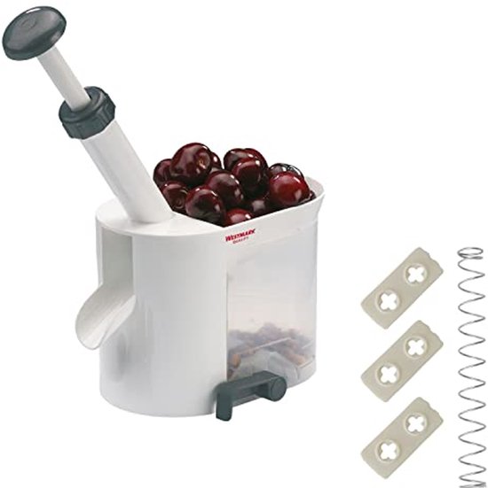 Dénoyauteur de cerises avec entonnoir et bac de récupération - Jeu de pièces d'usure inclus, 4 pièces, plastique/acier inoxydable