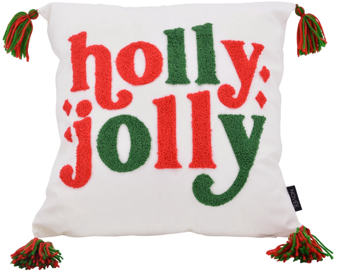 NOVÉE Holly Jolly Kerst Kussenhoes | 45 x 45 cm| Katoen | Kwastjes/Tassles wit