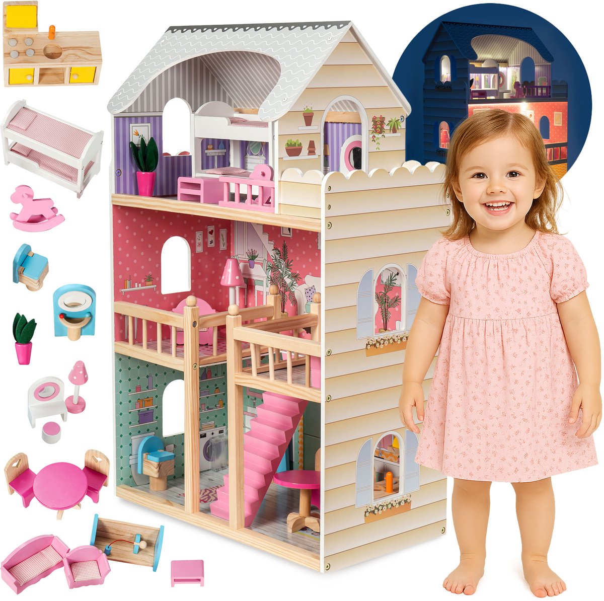 Mamabrum Houten Poppenhuis XXL met LED Verlichting - Inclusief Meubels en Accessoires - Poppen Huis met 3 Verdiepingen en Terras - 90 cm Hoog