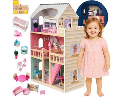 Mamabrum Houten Poppenhuis XXL - Incl Meubels en accessoires - Droomhuis met huisinrichting - LED verlichting - 90 cm hoog poppen huis dollhouse