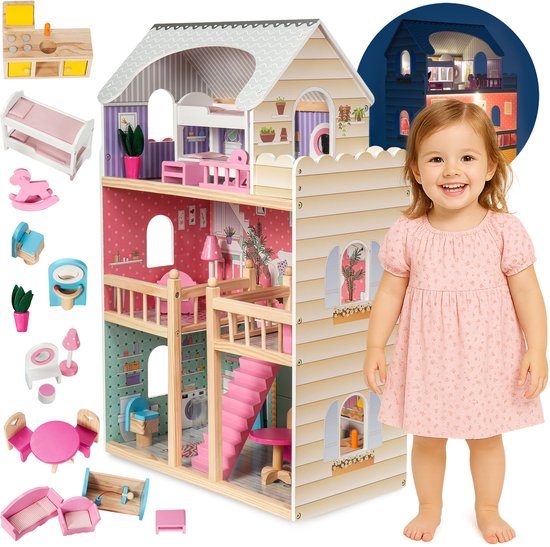 Mamabrum Houten Poppenhuis XXL - Incl Meubels en accessoires - Droomhuis met huisinrichting - LED verlichting - 90 cm hoog poppen huis dollhouse