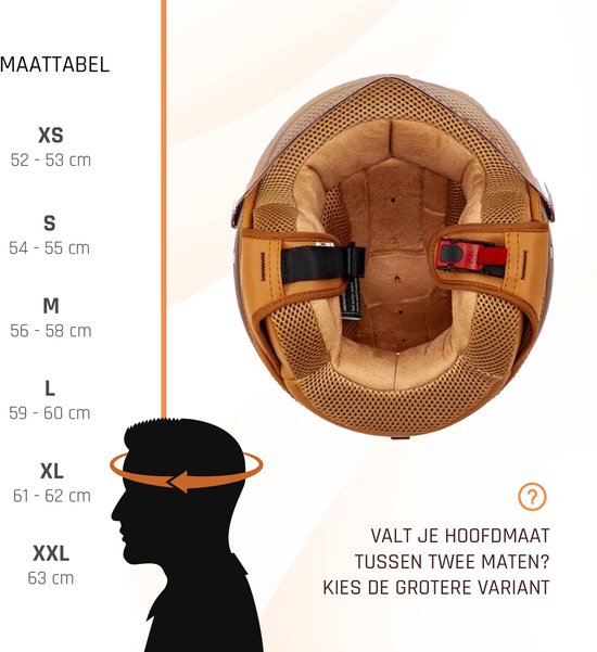 Binnenzijde van een bruin beklede helm met maattabel voor hoofdmaten.