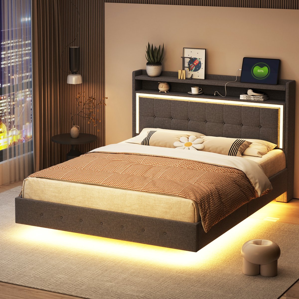 SINGULARITY-Gestoffeerd bed 140x200- met USB-aansluiting en LED-verlichting- verborgen voeteneinde- tweepersoonsbed- linnen stof grijs- zonder matras