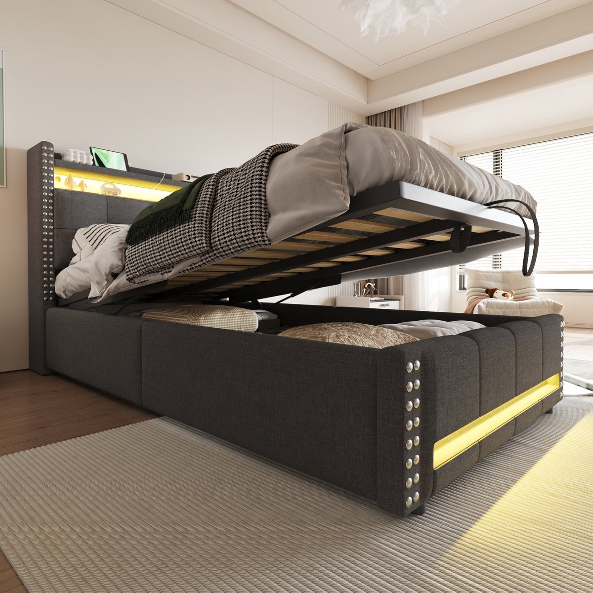 SINGULARITY-Gestoffeerd kinderbed 90x200cm met LED-verlichting en USB-aansluiting- met hydraulische opberging- eenpersoonsbed- linnen stof grijs- zonder matras