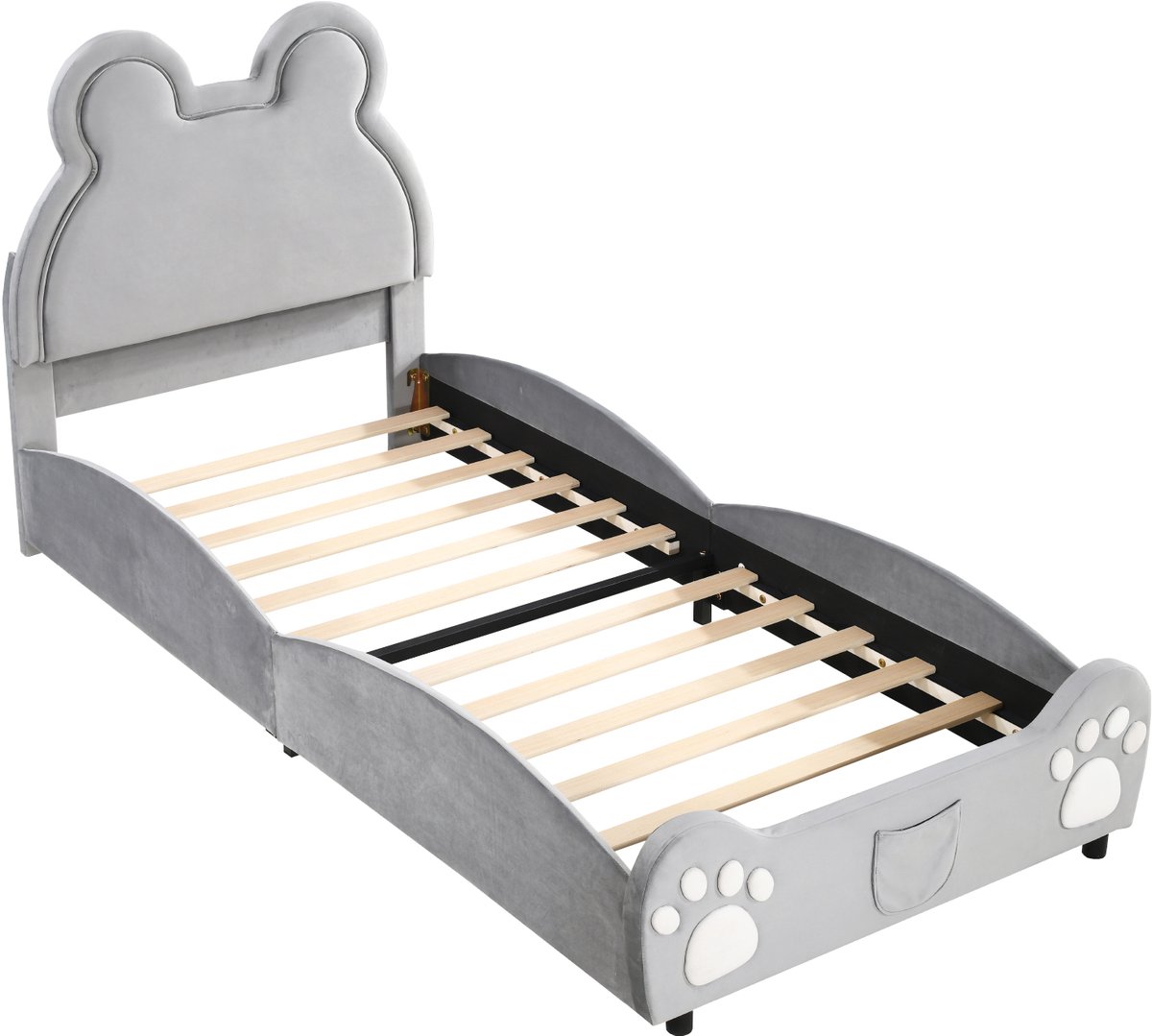 Singularity Gestoffeerd bed. Prachtig kinderbed- 90 x 200 cm- in de vorm van een beer. Eenpersoonsbed van huidvriendelijk velours- grijs. Matras niet inbegrepen.