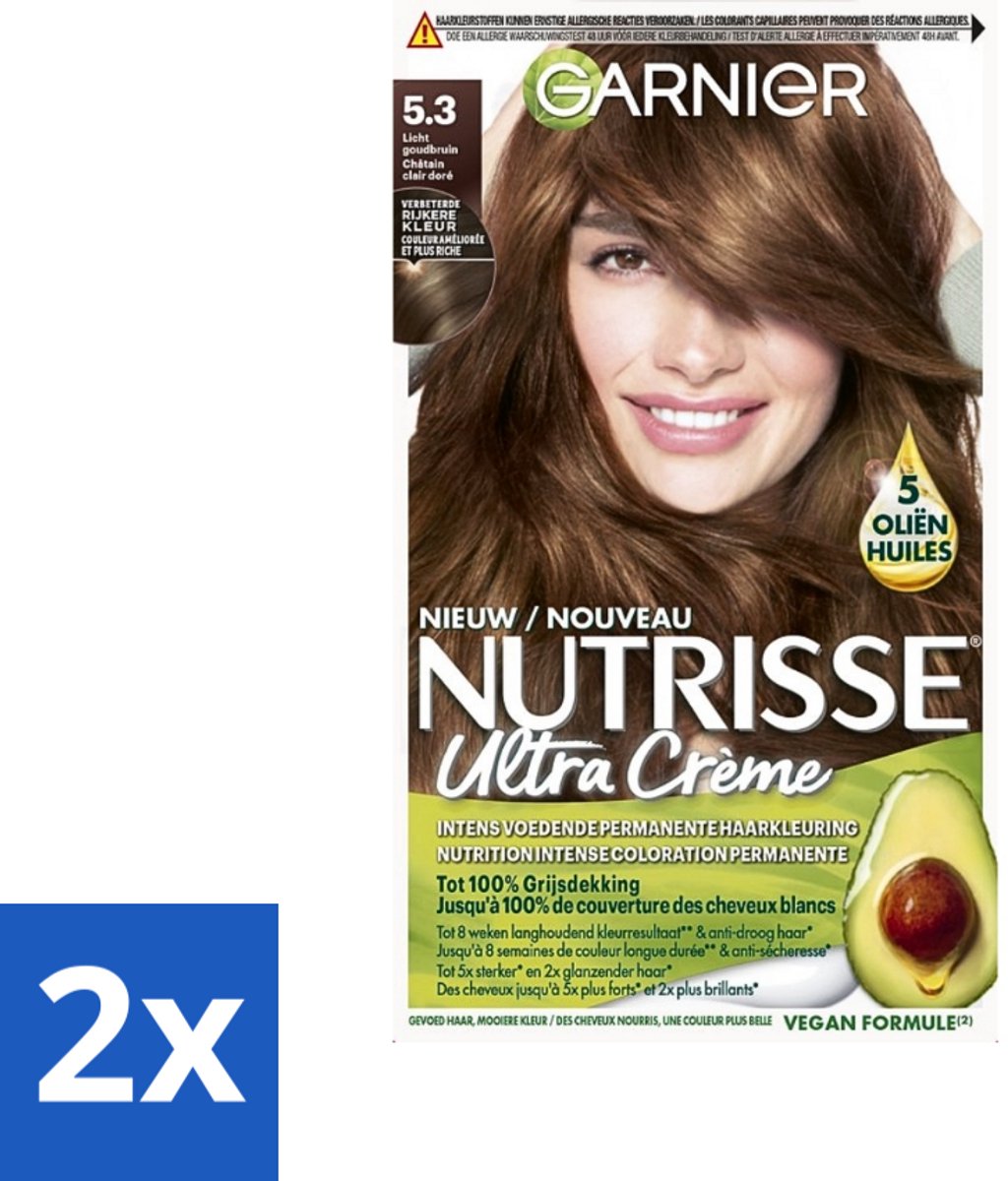 2 x Garnier - Nutrisse Ultra Crème 5.3 - Haarkleuring - Licht Goudbruin - Intens Voedend - Permanente Kleur - Haarverf - Permanente Haarkleur - Licht Goudbruin - Grijsdekking - Voedende Haarkleuring
