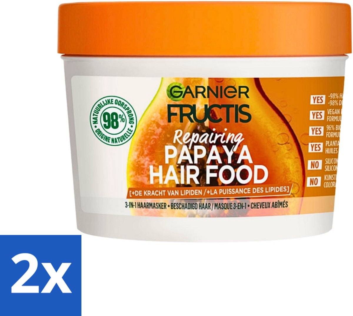 2 x Garnier - Fructis Hair Food Papaya - 3-in-1 Haarmasker - Beschadigd Haar - 400 ml - Haar Masker - Papaya - Beschadigd Haar - Haar Herstel - Voedend Masker