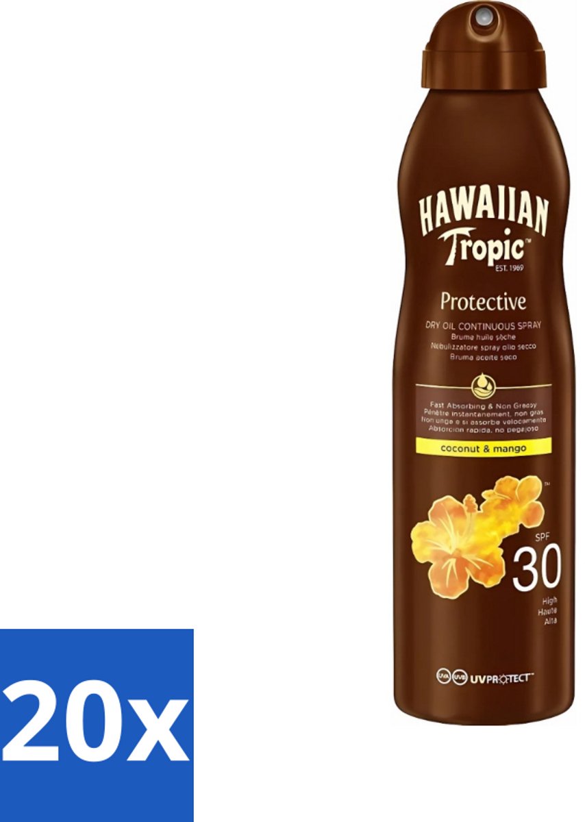 20 x Hawaiian Tropic - Zonnebrand - Island Glow Dry Oil Continuous Spray SPF 30 - Hydraterend & Beschermend - 177 ml - Zonnescherm Spray - Zonbescherming Spray - Droge Olie Spray - SPF 30 - Zonbescherming Huid