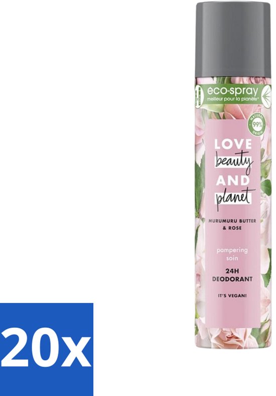 20 x Love Beauty and Planet - Deospray - Murumuru Butter & Rose - 75 ml - Natuurlijke Deodorant - Duurzame Deodorant - Plasticvrije Deodorant