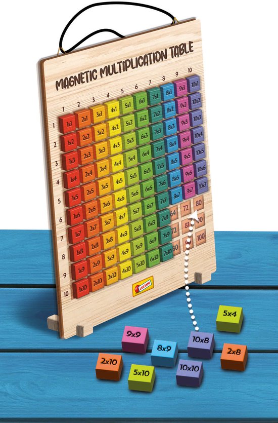 Houten magnetische vermenigvuldigingstafel met houten blokken van de sommen op de voorgrond.