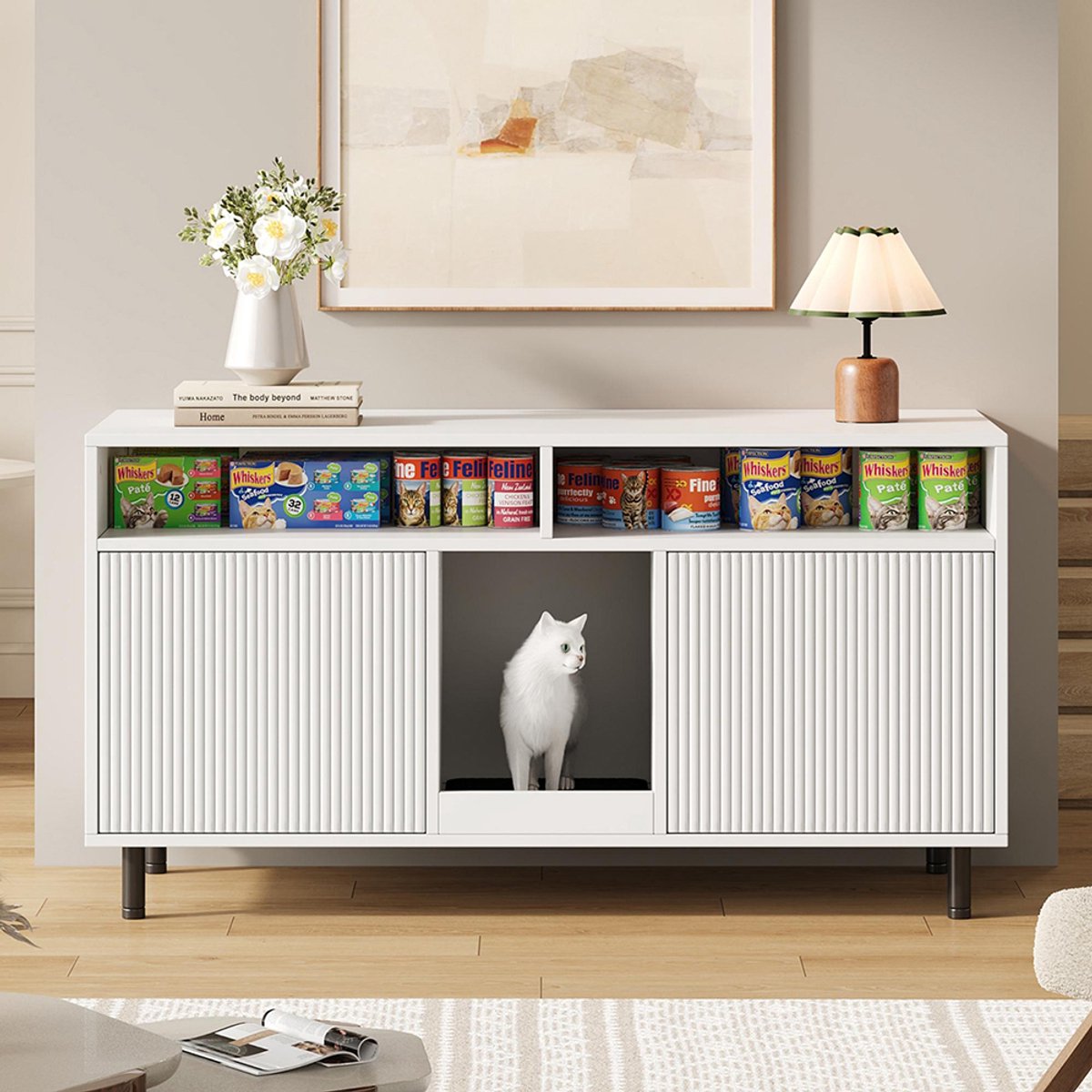 Pugsdrly Kattenbakmeubel/kattenbakmeubel met kattenbakmat, huisdiermeubel met plank, huisdierbuffet/tv-meubel, zonder kattenbak, 120 × 50 × 66 cm, wit van Pugsdrly