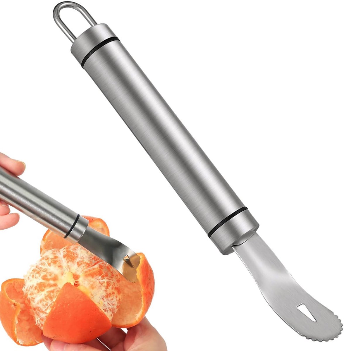 Sinaasappelschiller van roestvrij staal, lange steel, gekartelde citrusschiller, sinaasappelsnijder, eenvoudige fruitopener, schilgereedschap, multifunctionele keukengadget, geschikt voor citroen, granaatappel en grapefruit.