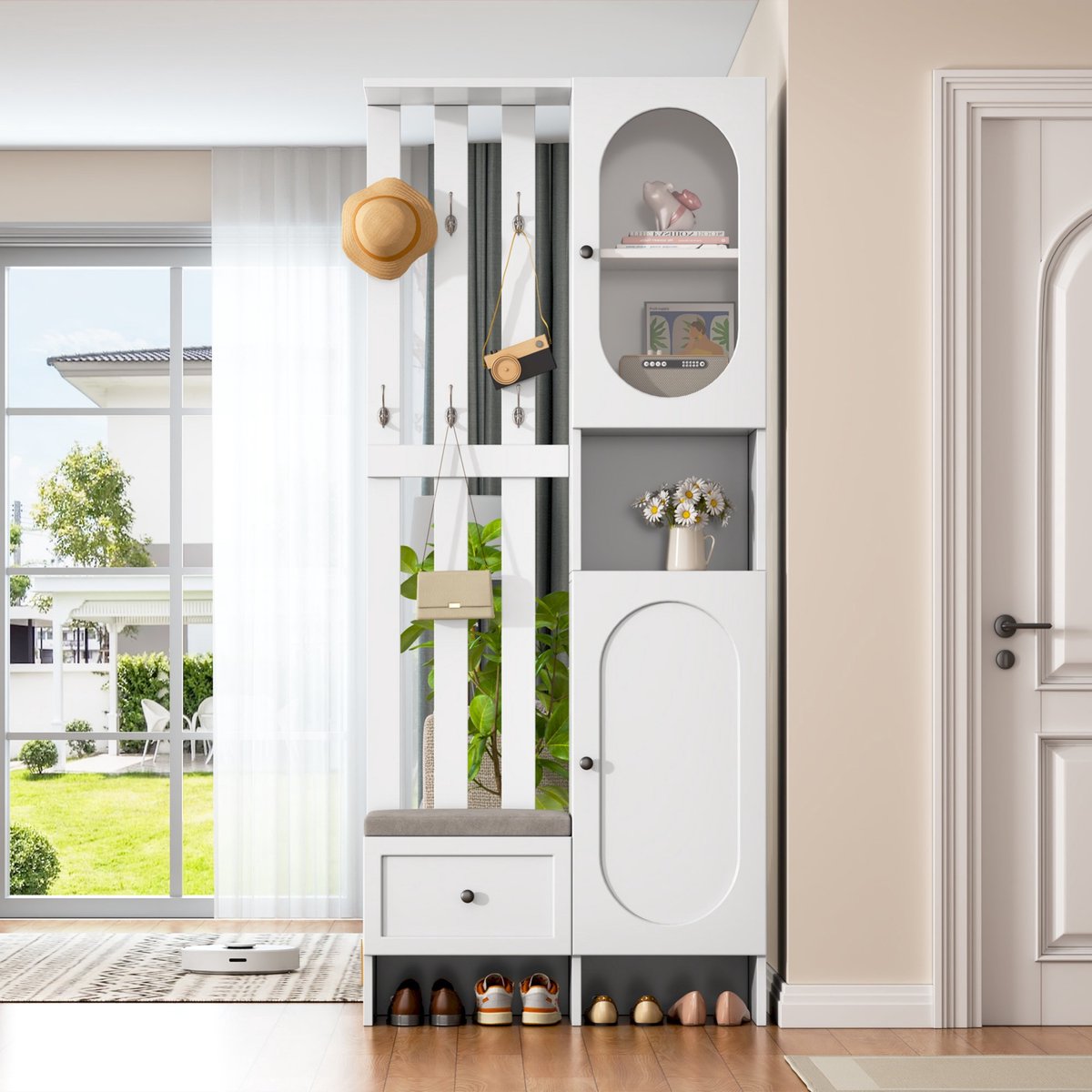 PHOEBE CAT Halmeubel - 85 x 33.5 x 200 cm - Glazen deuren - Beklede schoenenbank - Lades - 6 haken - Wit