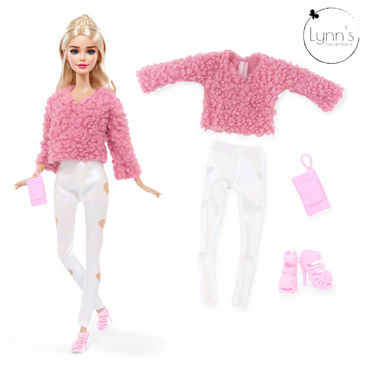 Lynn’s poppenkleertjes - Set ‘Lea’ - Geschikt voor modepop - Set van 3 outfits, 3 paar schoenen, 2 handtassen - Kledingset voor modepoppen - Cadeauzakje — afbeelding 7