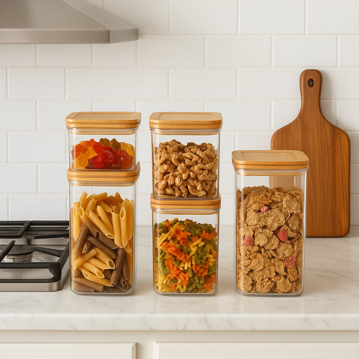 Tiss® - Voedsel bewaren- Bamboo Maximum Bamboe Set – 6,6L Bewaarbox met deksel 5 delige – Transparant – Modulair – 15x28x22,3 cm
