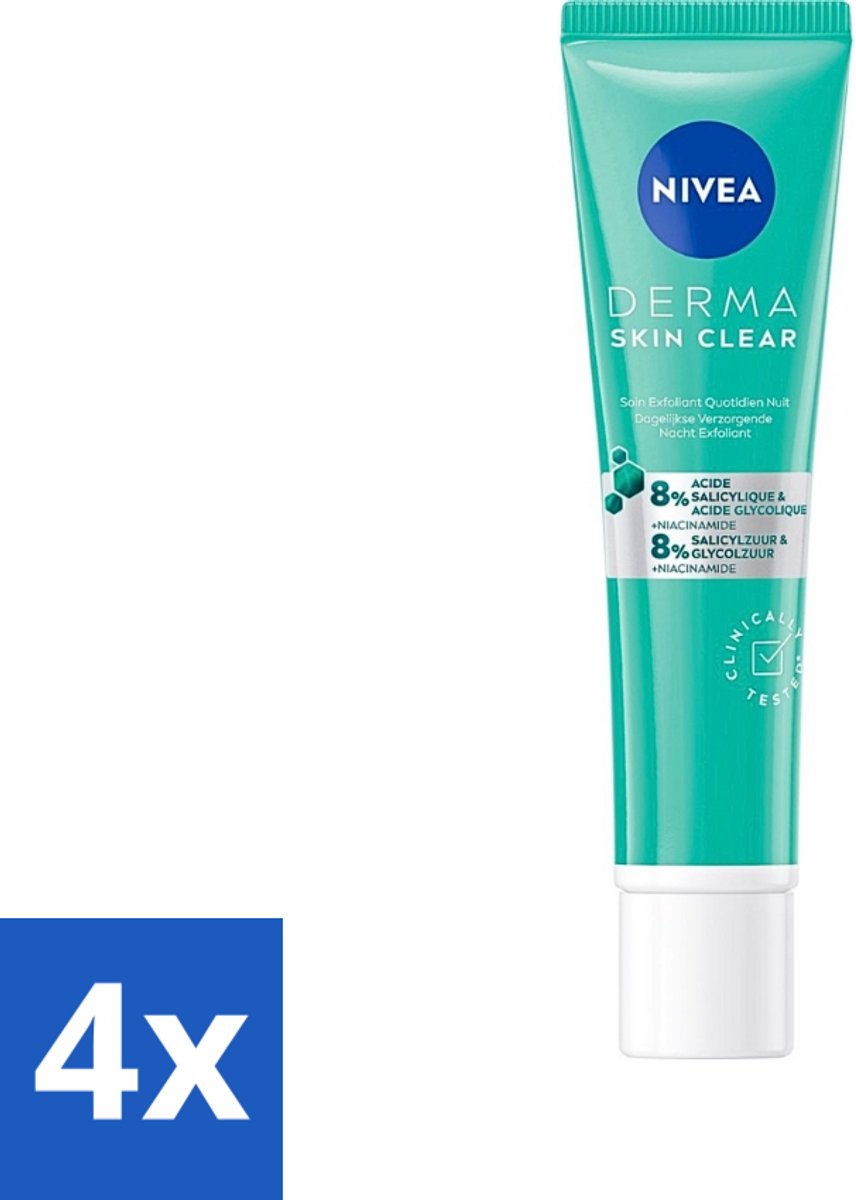4 x NIVEA - Nacht Exfoliant - DERMA Huidzuiver Dagelijkse Verzorging - Met Salicylzuur (AHA), Glycolzuur & Niacinamide - Tegen Acne & Mee-eters - 40 ml - Nachtverzorging - Gezichtsverzorging - Acne Behandeling - Puistjes - Mee-eters