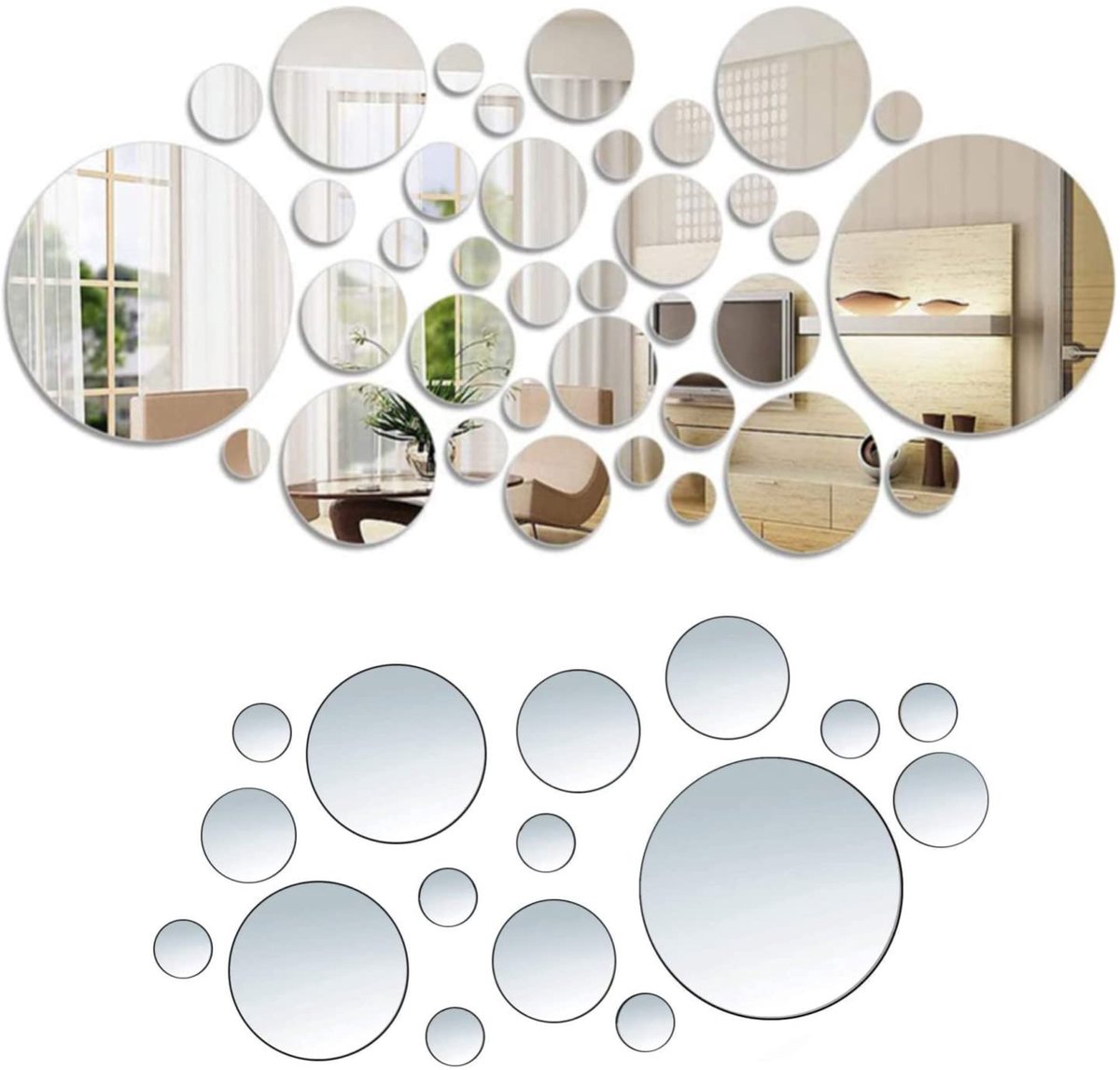 Round Mirror Tiles, Self-Adhesive 32 Pieces, Mirror Tiles, Wall Stickers, Acrylic Mirror, Plastic, Mirror Setting, Wall Sticker, Decoration with 6 Different Sizes