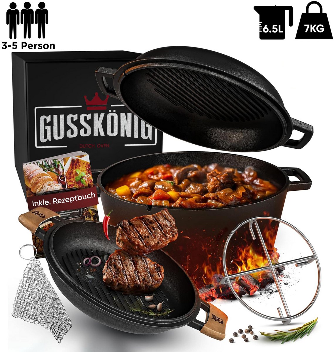 GUSSKÖNIG Dutch Oven set - Gietijzeren Dutch Oven – Dubbele pan met handig leren handvat