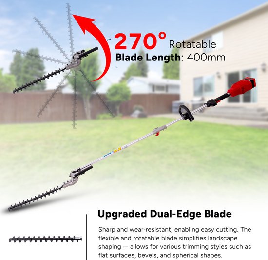 OUTIGO Accu Tuingereedschap 4-in-1 - snoerloze multifunctionele tuingereedschap met lange steel: grastrimmer, kettingzaag, bosmaaier, heggenschaar, met 1,2 m verlengsnoer en 1*4Ah accu van Merkloos	 — afbeelding 2