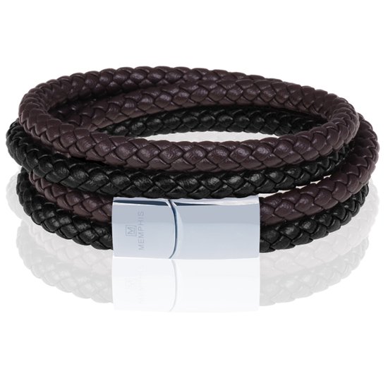 Bracelet Memphis double tour Duo Cuir Marron Noir Argent-22cm