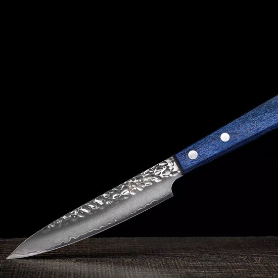 Couteau universel Yaxell BLUE BREEZE – 12 cm – Acier MOVAX – Finition martelée – Bois Pakka Blauw