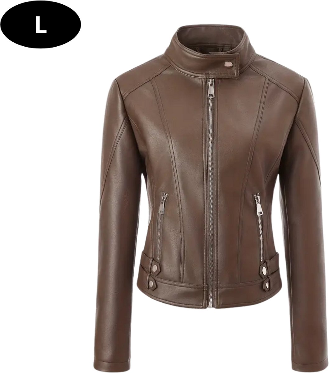 Livano Kunst Leren Jas Leather Jacket Lederen Jas Bomberjack Pilotenjack Blazer Biker Motorjas Motormuis Dames Bruin