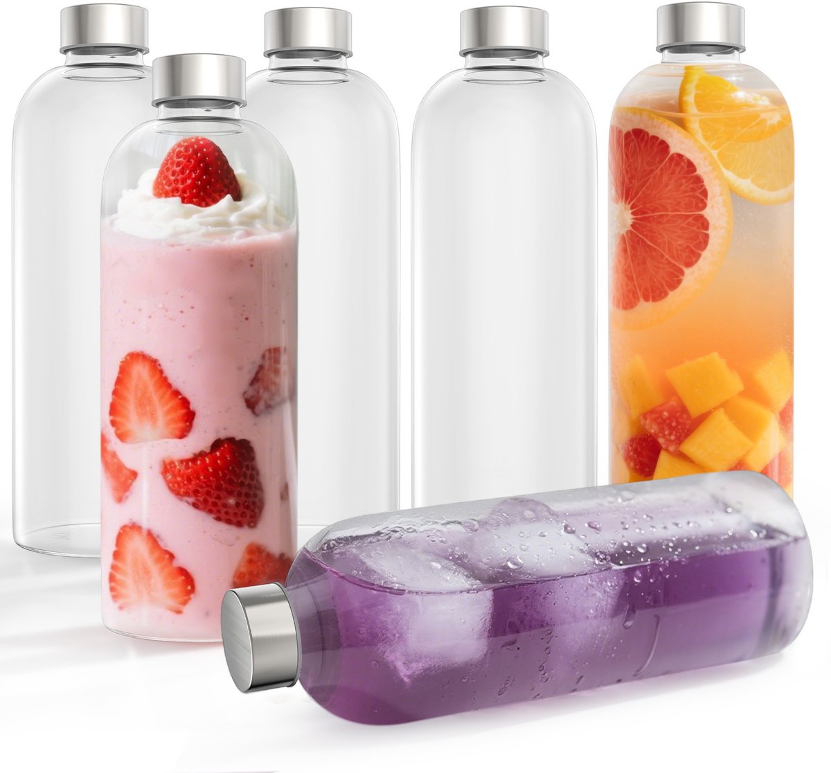 6er Set 1000ml Glastrinkflessen Met Edelstaaldeksel - Uitlopersecure, Geschirrtjesvriendelijk, Voor Heet En Koud Drank, Water, Sap, Smoothie
