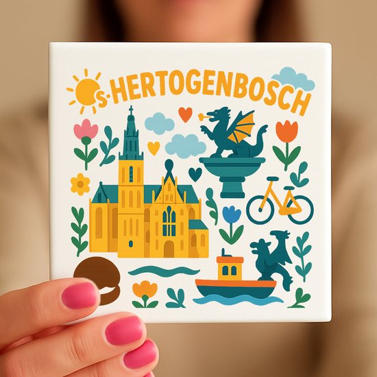 Carreau Den Bosch - 15 x 15 cm - Céramique - Souvenir décoratif - Avec support/chevalet transparent - Cadeau - Carreaux avec texte