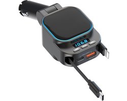 Geschikt voor iPhone 16, 15, 14, 13, 12 - Intrekbare autolader 96W met Bluetooth-autoadapter, 4-in-1 snelladen, radio Bluetooth 5.3 FM-zender, handsfree bellen, USB C-telefoonautoladeradapter