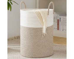 Wasmand, gevlochten wasverzamelaar, opbergmand voor speelgoed, met handvat, handgemaakt, van katoen, wit en bruin