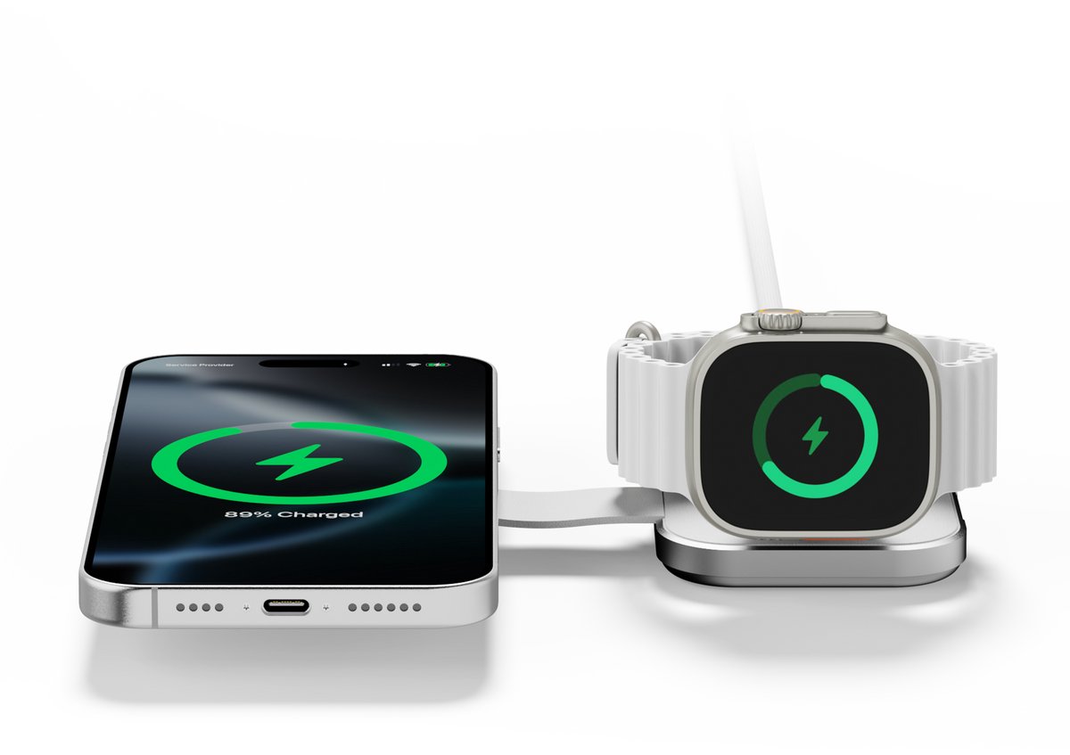 Linq Connects LINQ 15W Opvouwbare Draadloze Oplader 2-in-1 - Geschikt voor iPhone, AirPods & Apple Watch - Stijlvol Ontwerp - Snelladen - Grijs