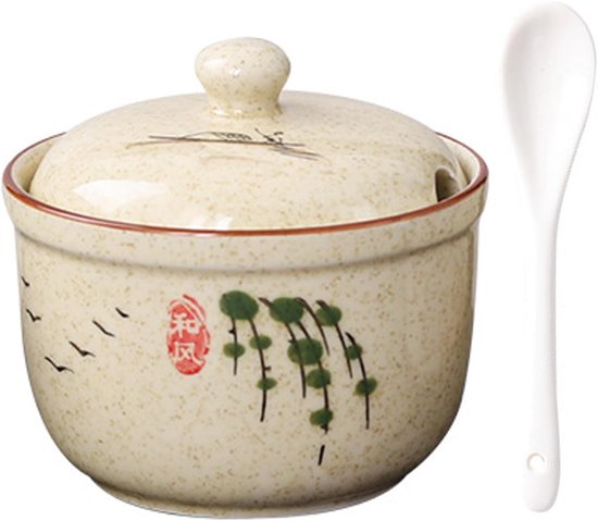 OnePine Set van 2 keramische kruidenpotjes suikerpot keramiek suiker kom met lepel en bamboe deksel voor thee suiker zout specerijen voor thuis en in de keuken Groen en grijs
